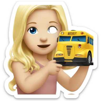 Baby Blonde hair blue eye baby playing with small toy bus sticker