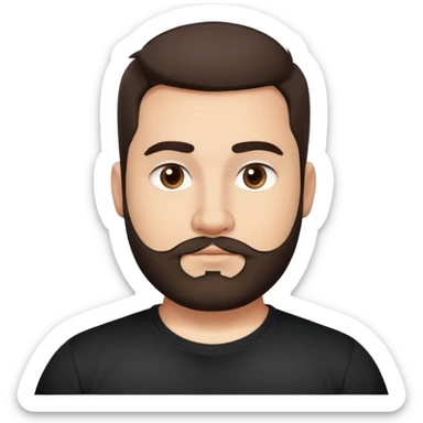 Fuller-figured man in his 30s with light brown skin, round face, full cheeks, medium dark brown eyes, thick eyebrows, wide nose, friendly expression, short full beard, short dark hair, wearing a black t-shirt sticker