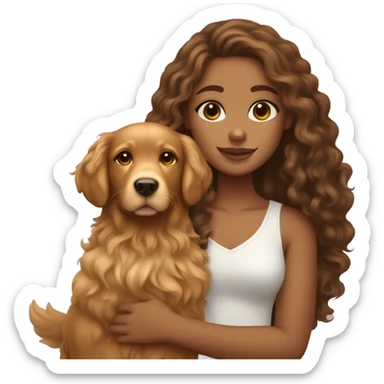 Tan skinned girl with  long brown curly hair with a golden retriever puppy sticker