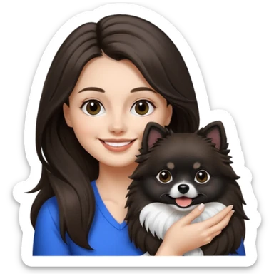 A woman who has brunette long hair is holding a black and white 1 Pomeranian dog who has black face but in the middle he has a white line from the nose sticker