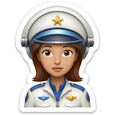 woman with brown hair and brown eyes.  space ship captain with white hat sticker