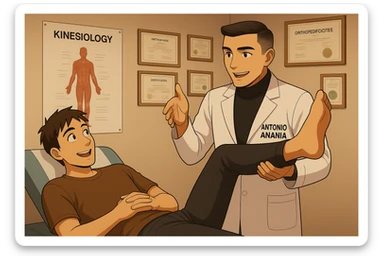 su questo lettino rappresenta un webtoon manga a colori con questo stile, in cui un uomo è steso sul lettino medico e il kinesiologo con il camice bianco (fagli anche la scritta "ANTONIO ANANIA" SUL CAMICE, gli solleva una gamba per fargli il test neuromuscolare, IL KINESIOLOGO SPIEGA ALL'UOMO UNA cosa mentre gli alza la gamba. l'espressione dell'uomo è felice e soddisfatta, non fare i fumetti però, fai solo in modo che sembri stiano parlando sticker
