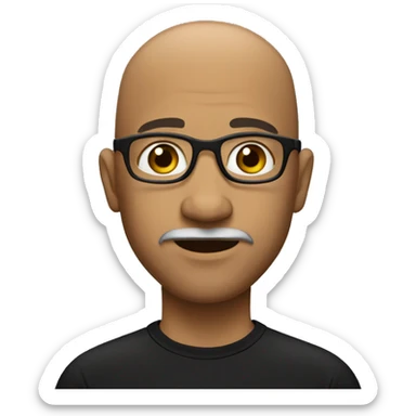 Bald man wearing glasses and goatee brown eyes black shirt sticker