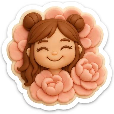 Create a high-quality 3D chibi fondant cake art style rendering of a girl based on the reference image. Preserve the facial features and eye shape exactly as in the reference. She has long brown hair styled in two space buns and brown eyes. The image should have a thick white outline like a sticker and a transparent background. The girl's happy head (as in the third variant) is nestled in a wall of huge soft pink peonies (as in the second variant), with petals overlapping her hair. The expression is joyful and smiling, matching the reference face, hairstyle, and eye shape exactly. sticker