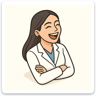 A 2D isometric style illustration of a female doctor with dark long straight hair, detailed brown eyes (not just dots), wearing a white coat, minimalist background, laughing heartily, appearance as in the second previous variant. sticker