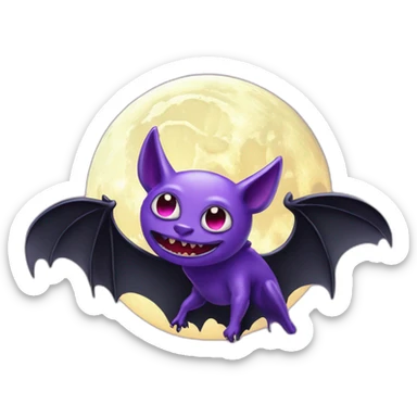 purple and black evil face vampire bat anime sparkle eyes wings flying in front of large dripping crescent moon sticker