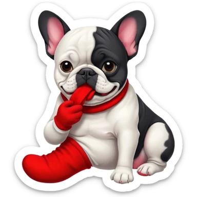 Black and white Bouledogue français eating a red sock  sticker