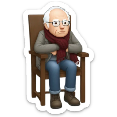 Bernie sanders sitting on chair having cold wearing a scarf sticker