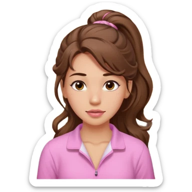 girl with wavy long ponytail brown hair, brown eyes, light to medium complexion, long lashes, light pink lipstick, wearing light pink shirt, in a sauna sticker