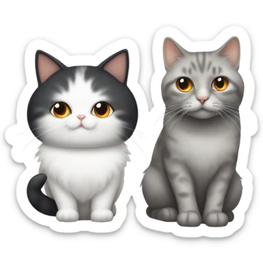 A black, great and white long hair chubby cat next to a slimmer mostly white short hair cat with some orange spots sticker