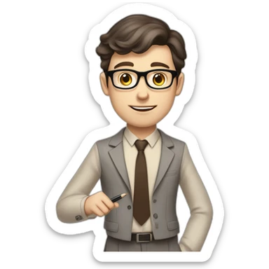 Pale skinned fit man with dark brown hair in gray jacket, beige office shirt, brown tie, brown pants and vintage glasses Writing on the flipchart sticker