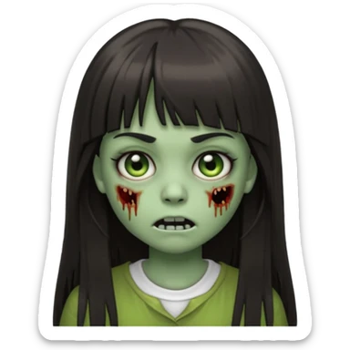 Emoji de guria zombie com cabelo longo, escuro e liso com franja, olhos escuros e boca pequena. sticker