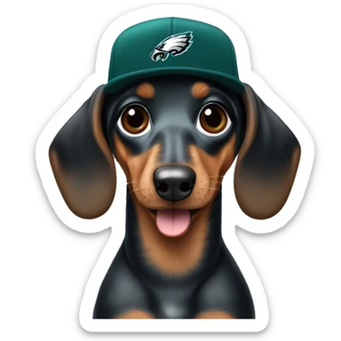 Miniature Blue and Tan Dapple Dachshund wearing Philadelphia Eagles Hat with C on it sticker