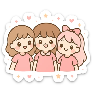 three girl best friends, cute cartoon style, top half of their bodies visible, all wearing pink, smiling, cheerful expressions sticker
