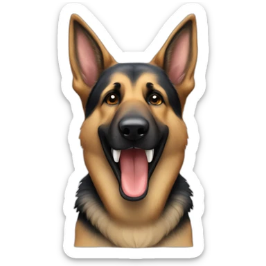 German Shepherd dog with a tooth that is visibly longer or misaligned, protruding from its mouth on the left side sticker
