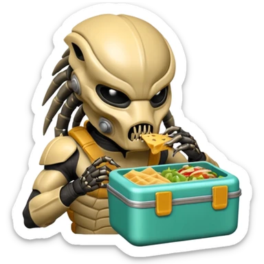 The predator with mask eating from a lunchbox, the setting should not be cartoon like. sticker