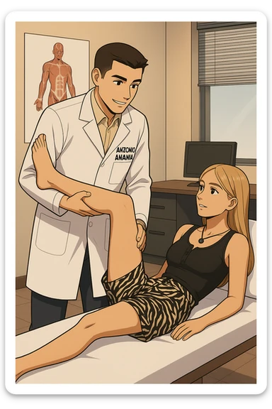 fai un webtoon/manga a colori con questo kinesiologo in camice bianco (fagli la scritta "ANTONIO ANANIA" SUL CAMICE) CHE SVOLGE UN TEST NEUROMUSCOLARE SOLLEVANDO UNA GAMBA ALLA RAGAZZA CHE è STESA SU UN LETTINO BIANCO. DURANTE IL TEST I DUE DIALOGANO TRA LORO. NON FARE I FUMETTI, FAI SOLO LORO COME SE DIALOGASSERO sticker