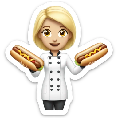 Female chef with blonde hair holding a hotdog sticker