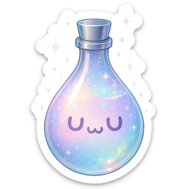 drop-shaped luxurious elixir bottle with a cute 'UwU' face, pastel color, iridescent and silver details, intense magical glowing and sparkling effects, very small neck, seamless bottom, transparent background, floating, no base or shadow, modern, matching a collection sticker