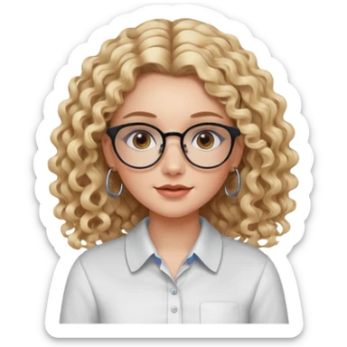 cute white girl with not volominous VERY LONG blonde curly hair with balayage, brown eyes, full lips, natural clean girl makeup and hoop earrings and square glasses, collared shirt sticker