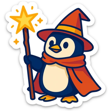 cute penguin wizard with magical staff, wearing a pointed hat, fantasy style sticker
