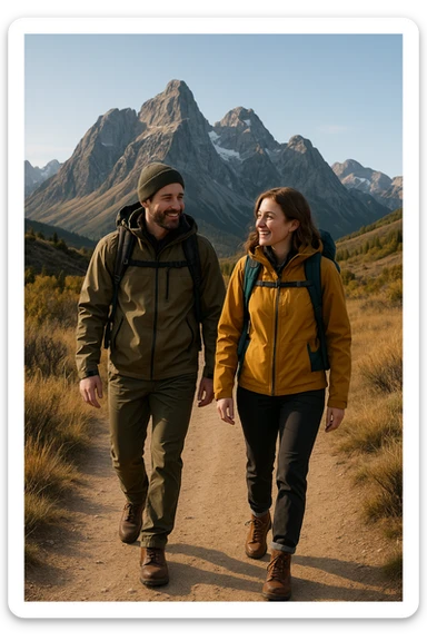 a gentleman and a lady hiking together, both in outdoor gear, with a mountain background sticker