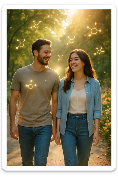 a smiling man and woman walk together along a sunlit park path, surrounded by green trees and blooming flowers. Sunbeams gently illuminate their faces, and subtle, glowing dopamine symbols float around them, symbolizing natural, healthy pleasure. The mood is uplifting and serene. sticker