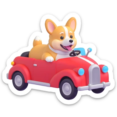 Make the corgi driving the car 10% more realistic with slightly more detail and texture, while keeping it playful and stylized in the 3D emoji style. sticker