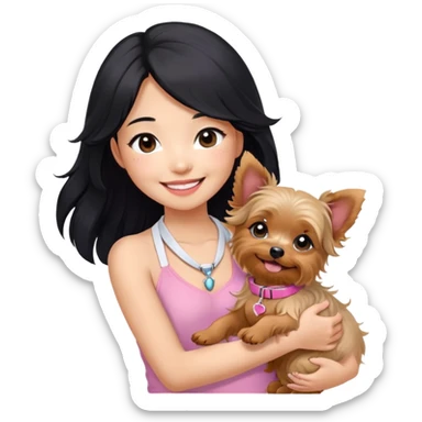 A pretty Asian girl with long, luscious wavy black hair (loose, no hair tie), wearing a cute white sleeveless halter top. She’s smiling warmly while holding a small Yorkshire Terrier in her arms. the dog is wearing a pink collar.  sticker