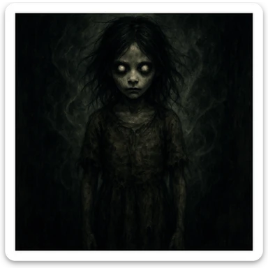 creepy girl, unsettling stare, tattered clothes, supernatural aura, horror illustration sticker