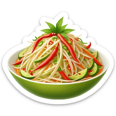 Cinematic Realistic Som Tam (Papaya Salad) Dish Emoji, featuring a spicy, tangy salad of shredded green papaya with chili and lime rendered with crisp textures and bright, lively lighting. sticker