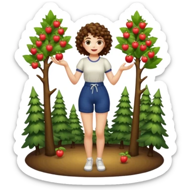 full body woman short curly brown mullet hair brown eyes white skin juggling glowing forest fruits sticker