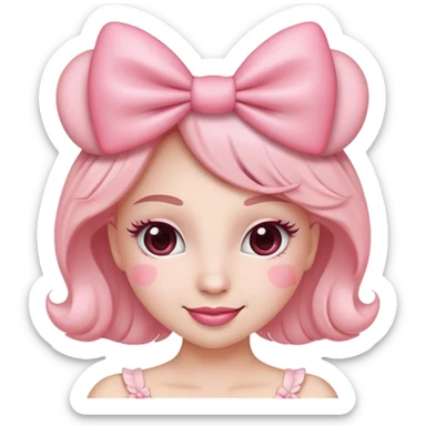 Ultimate coquette emoji with big pink bow, rosy cheeks, batting eyelashes, sweet smile, heart accents, ultra feminine, dainty, soft pink color palette sticker