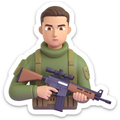 Add camouflage face paint to the muscular soldier, keep the slicked-back hair and sniper rifle, preserve 3D emoji style, no background. sticker