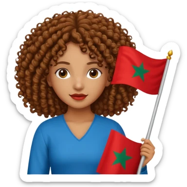 Una chica rizada morena con la bandera de Marruecos en manos sticker