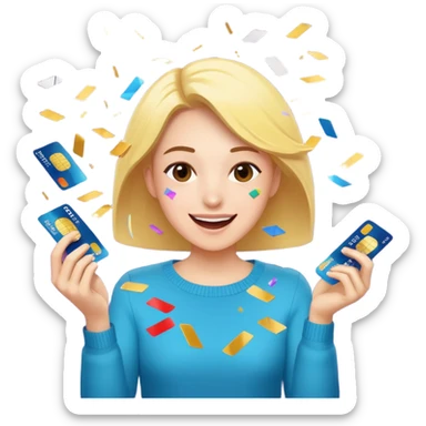 A joyful person cutting up credit cards as they turn into flying confetti emoji sticker