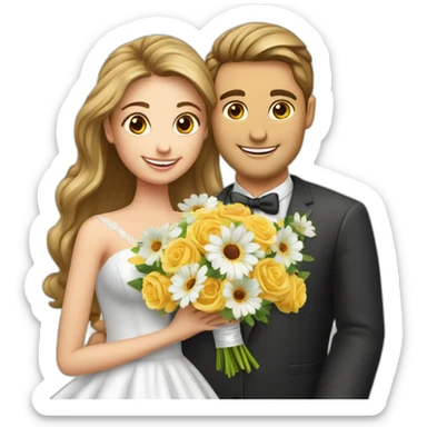 crée un emoji avec un personnage yeux festif et un énorme bouquet de fleur de mariage sticker