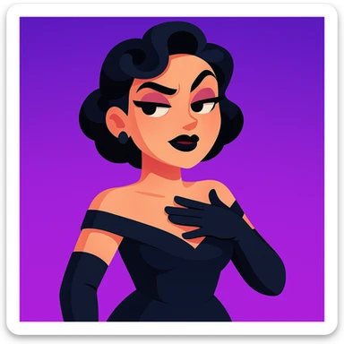 cute animated 3D cartoon character of a glamorous woman with short black hair in elegant curls, wearing a dark navy blue off-shoulder gown and long black gloves, confident slightly smug facial expression with bold dark makeup including black lipstick and sharp eyebrows, hand placed on chest as if in disbelief or sass, bright purple gradient background, mobile game character art style sticker