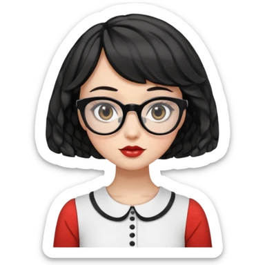female character with black wavy French bob hair, black round eyes, white square eyeglasses, peplum top sticker