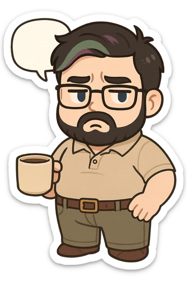 A realism art illustration art style of handsome plus-size man with black hair and a purple to green ombre streak, black beard, blue eye, glasses, dressed like a dad, holding a coffee mug, blank speech bubble, frowning  sticker