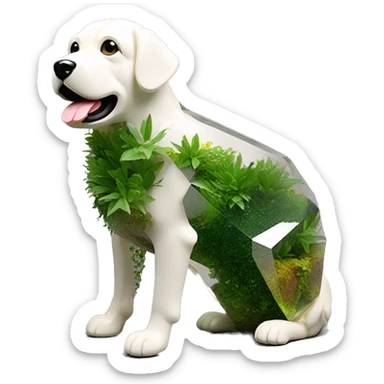 A dog made entirely of glass mirror crystals prisms glass transparent filled with plants as a terrarium sticker
