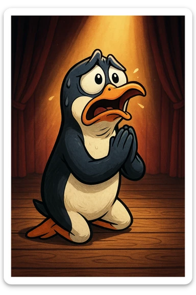 a cartoon penguin kneeling, flippers pressed together, dramatic facial expression, praying and begging, stage-like background, theatrical lighting sticker
