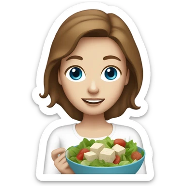White girl Brown hair blue eyes freackles eating Tofu salad sticker