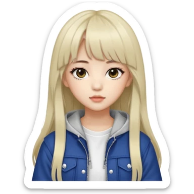 Portrait of a young female K-pop idol, wearing a stylish streetwear outfit with layered clothing, long hair with bangs, cool face sticker