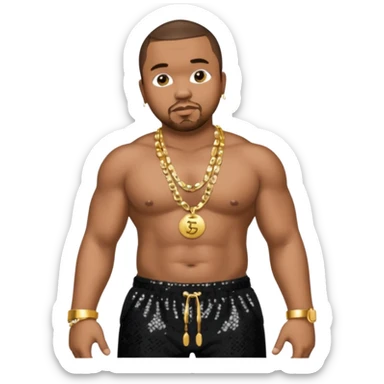 Timbaland with dark brown hair, black sequin baggy pants, shirtless with necklace sticker
