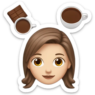white girl with brown long hair and a hot chocolate sticker