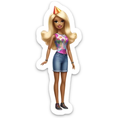 Barbie doll full body image holding a balloon and wearing a party hat  sticker