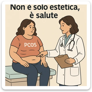 symbolic scene: woman with PCOS sitting on medical examination table, doctor pointing to abdominal area, visible fat accumulation, prevention atmosphere, Italian text: 'Non è solo estetica, è salute', 4K quality sticker