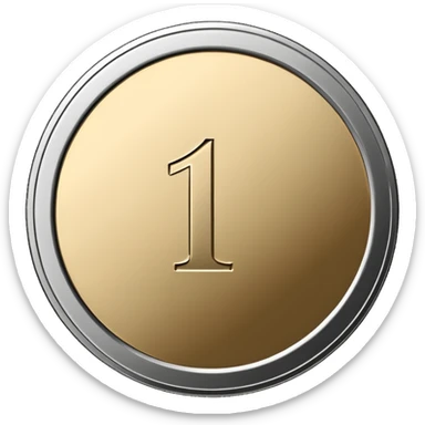 Emoji icon of a metal coin with engraved number 1, minimalist style, isolated, only metal color sticker