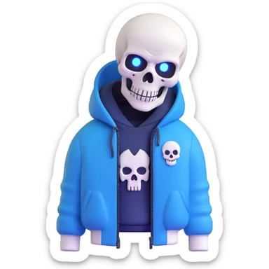 Sans character with one glowing blue eye, white skull, blue jacket, simple background sticker